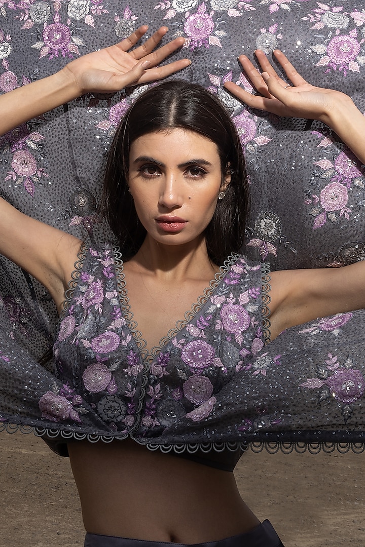 Grey Georgette Floral Applique Embroidered Cape Set by Sawan Gandhi at Pernia's Pop Up Shop