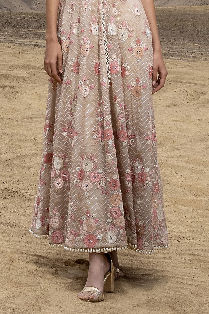Beige Georgette Floral Applique Embroidered Cape Set by Sawan Gandhi at Pernia's Pop Up Shop
