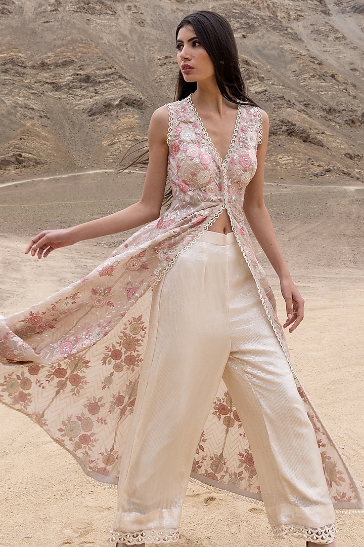 Beige Georgette Floral Applique Embroidered Cape Set by Sawan Gandhi at Pernia's Pop Up Shop