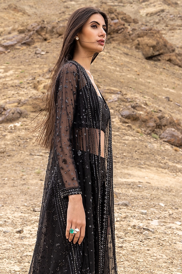 Black Georgette & Net Sequins Embroidered Cape Set by Sawan Gandhi at Pernia's Pop Up Shop