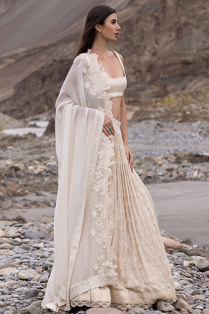 Beige Georgette Sequins Embroidered Bridal Lehenga Set by Sawan Gandhi at Pernia's Pop Up Shop