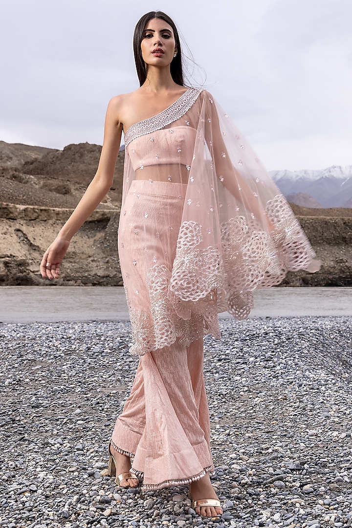 Blush Pink Net Sequins Embroidered One-Shoulder Cape Set by Sawan Gandhi