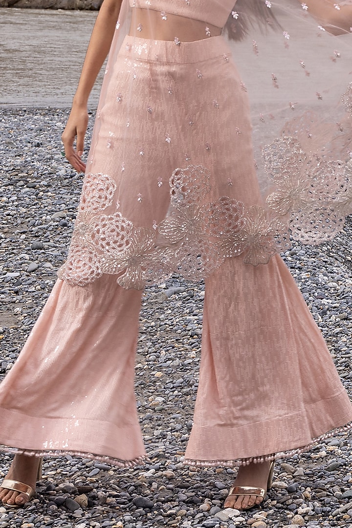 Blush Pink Net Sequins Embroidered One-Shoulder Cape Set by Sawan Gandhi at Pernia's Pop Up Shop