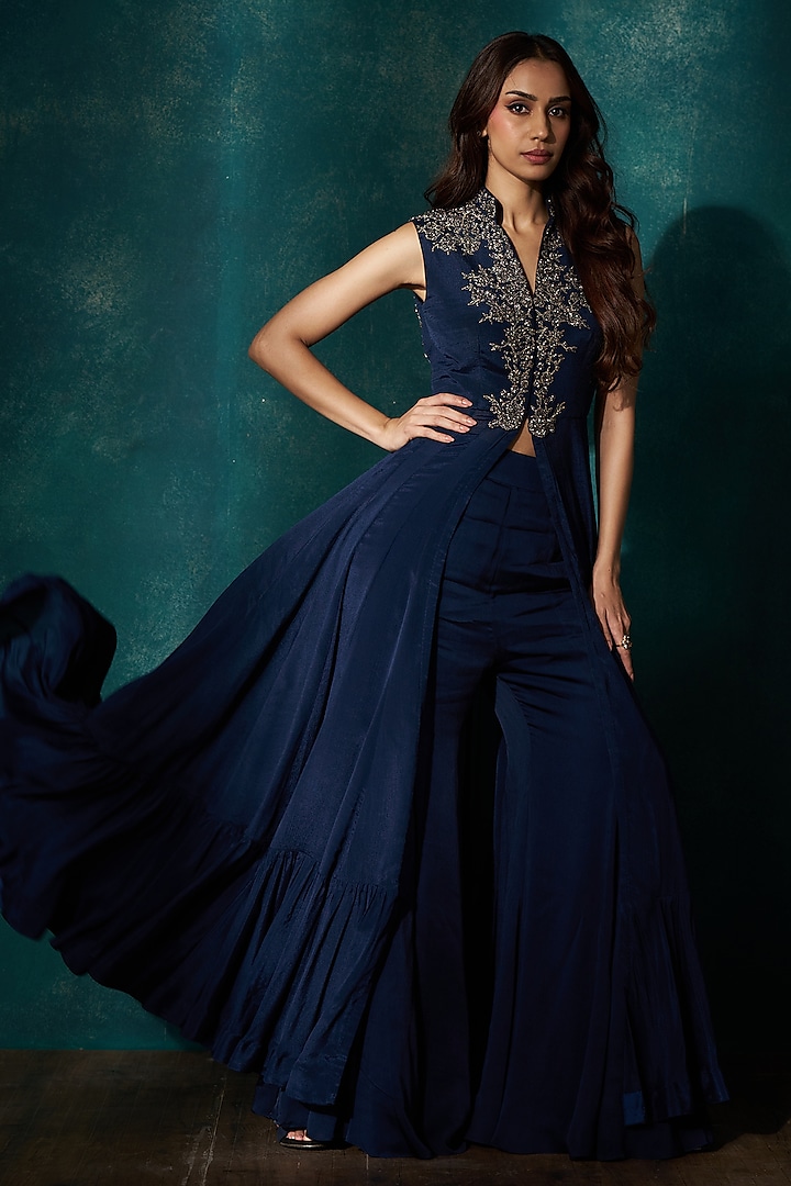 Navy Blue Georgette Cutdana Embroidered Cape Set by Sawan Gandhi at Pernia's Pop Up Shop