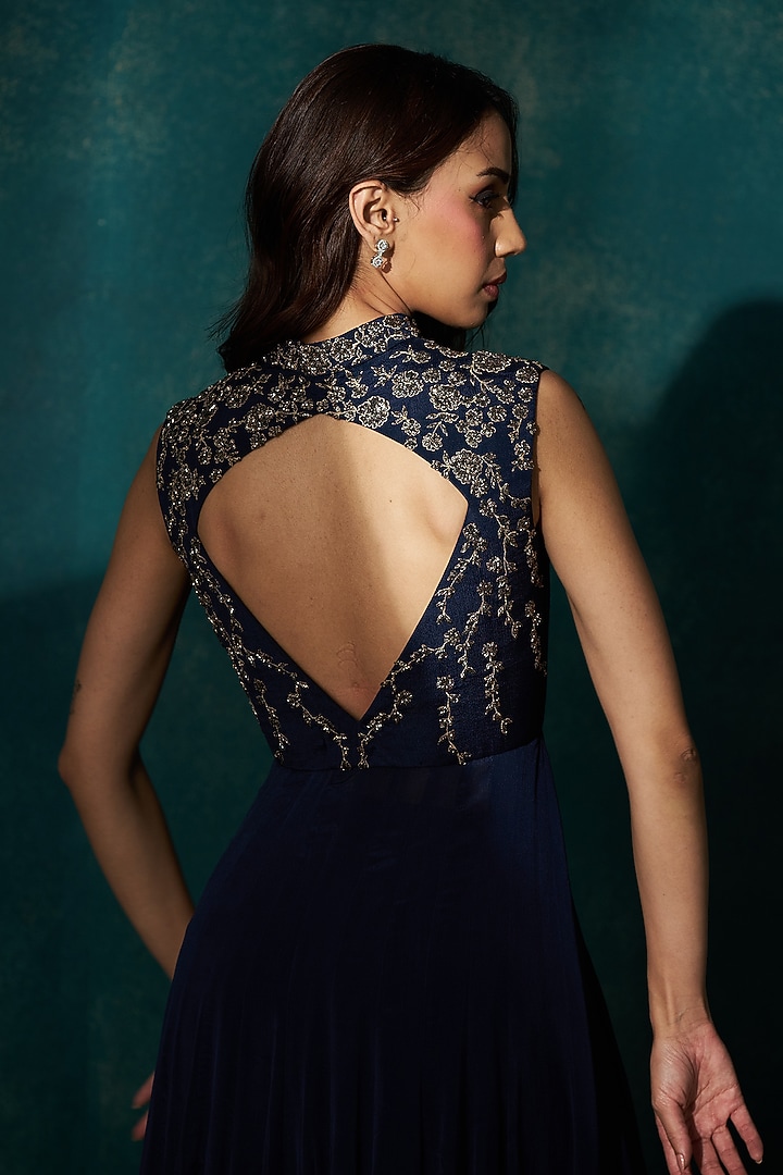 Navy Blue Georgette Cutdana Embroidered Cape Set by Sawan Gandhi at Pernia's Pop Up Shop