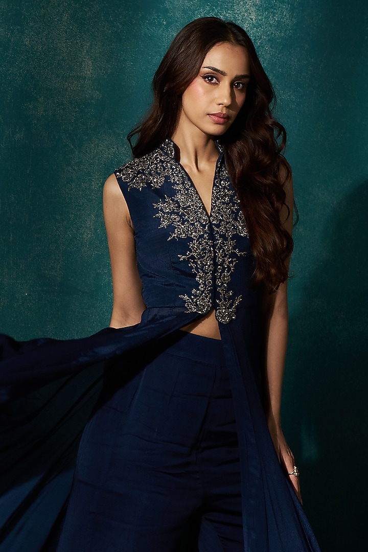 Navy Blue Georgette Cutdana Embroidered Cape Set by Sawan Gandhi at Pernia's Pop Up Shop