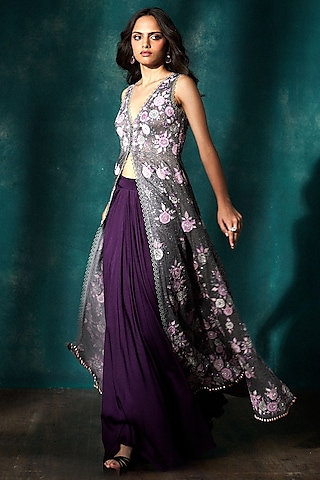 Grey Georgette Floral Applique Work Cape Set by Sawan Gandhi