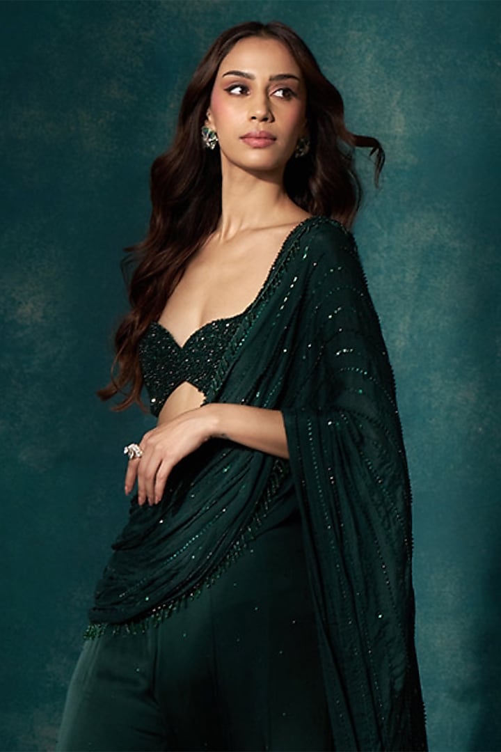 Bottle Green Georgette Sharara Draped Reception Saree Set by Sawan Gandhi at Pernia's Pop Up Shop