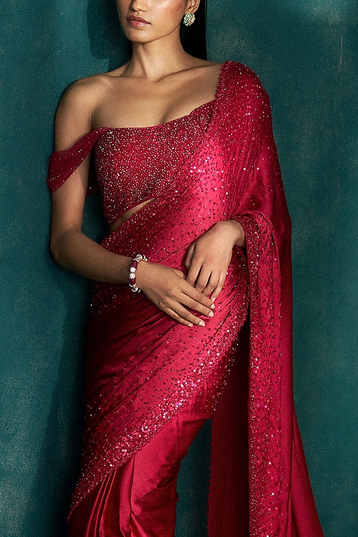 Red Satin Sequins Embroidered Reception Saree Set by Sawan Gandhi at Pernia's Pop Up Shop