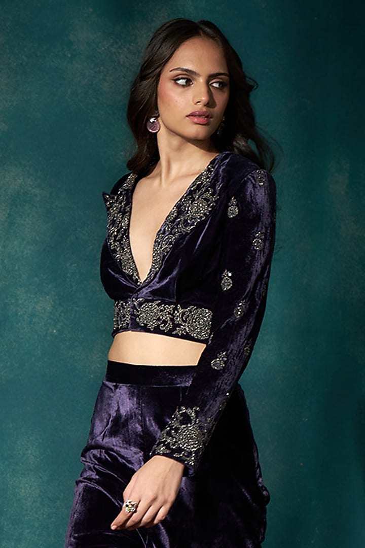 Purple Velvet Cutdana Embroidered Co-Ord Set by Sawan Gandhi at Pernia's Pop Up Shop