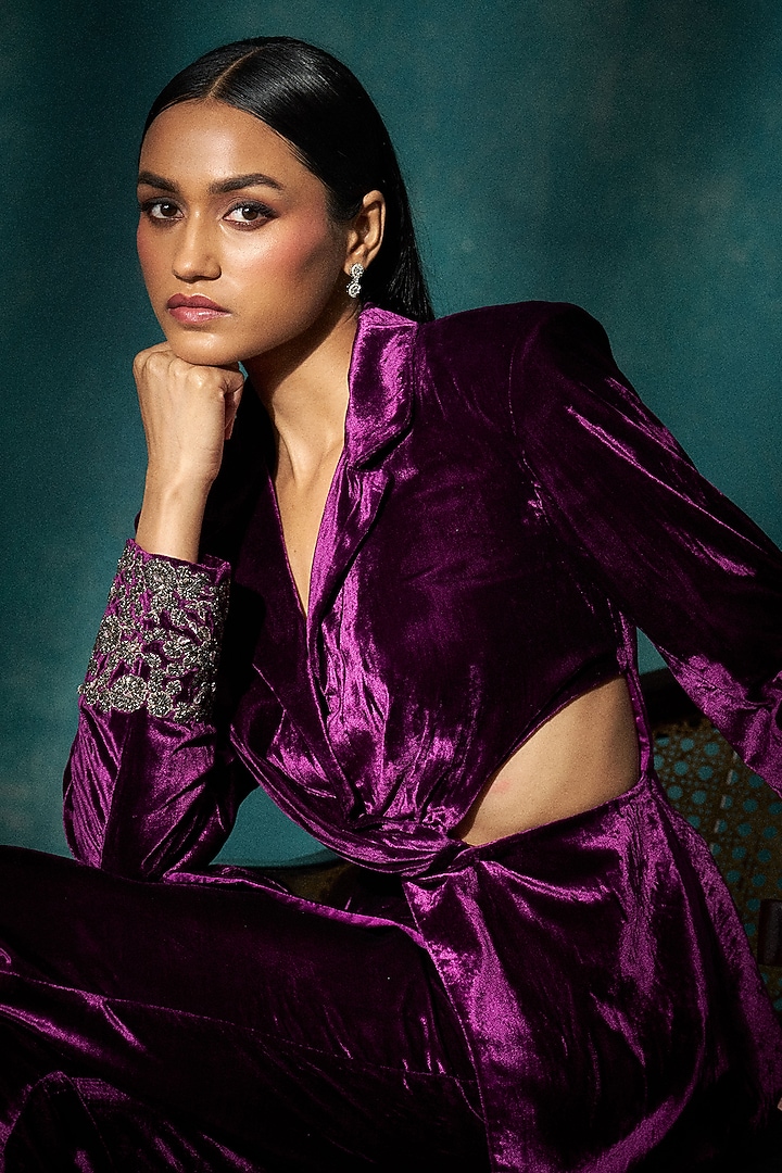 Mulberry Velvet Cutdana Embroidered Co-Ord Set by Sawan Gandhi at Pernia's Pop Up Shop