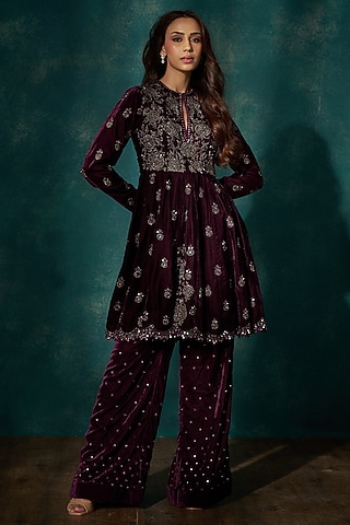 Wine Velvet Pant Set by Sawan Gandhi