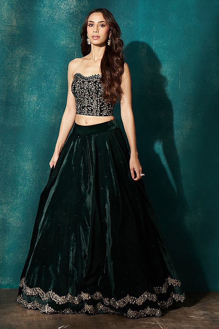 Bottle Green Velvet Embroidered Skirt by Sawan Gandhi at Pernia's Pop Up Shop