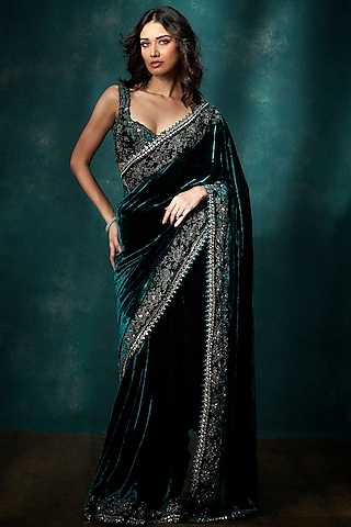 Teal Velvet Metal Cutdana Embroidered Saree Set by Sawan Gandhi