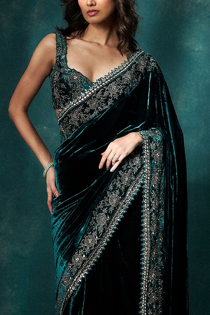 Teal Velvet Metal Cutdana Embroidered Bridal Saree Set by Sawan Gandhi at Pernia's Pop Up Shop