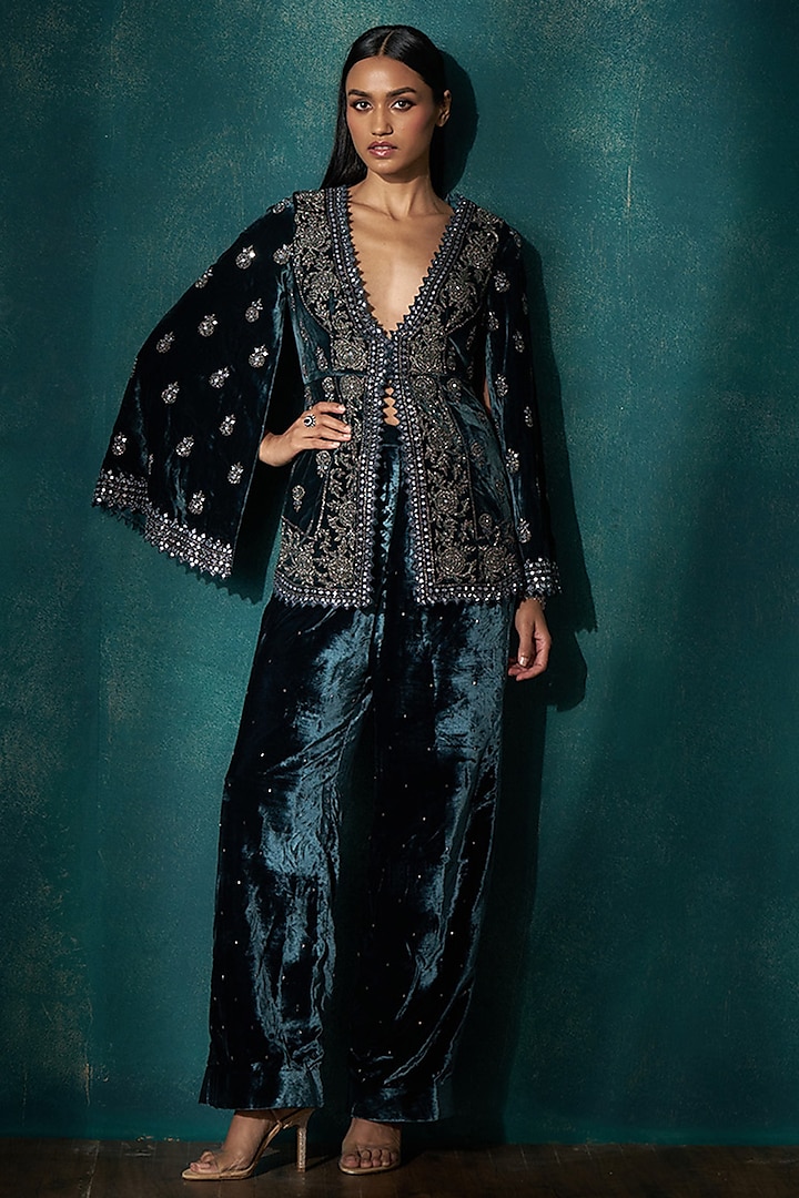 Teal Velvet Metal Cutdana Embroidered Co-Ord Set by Sawan Gandhi at Pernia's Pop Up Shop