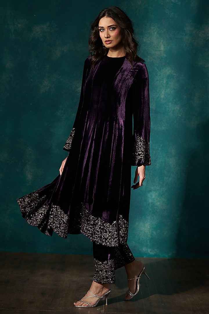 Wine Velvet Cutdana Embroidered Anarkali Set by Sawan Gandhi at Pernia's Pop Up Shop