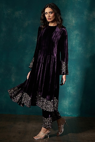 Wine Velvet Cutdana Embroidered Anarkali Set by Sawan Gandhi