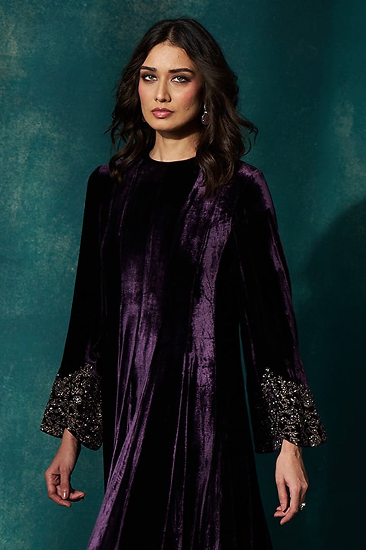 Wine Velvet Cutdana Embroidered Bridal Anarkali Set by Sawan Gandhi at Pernia's Pop Up Shop