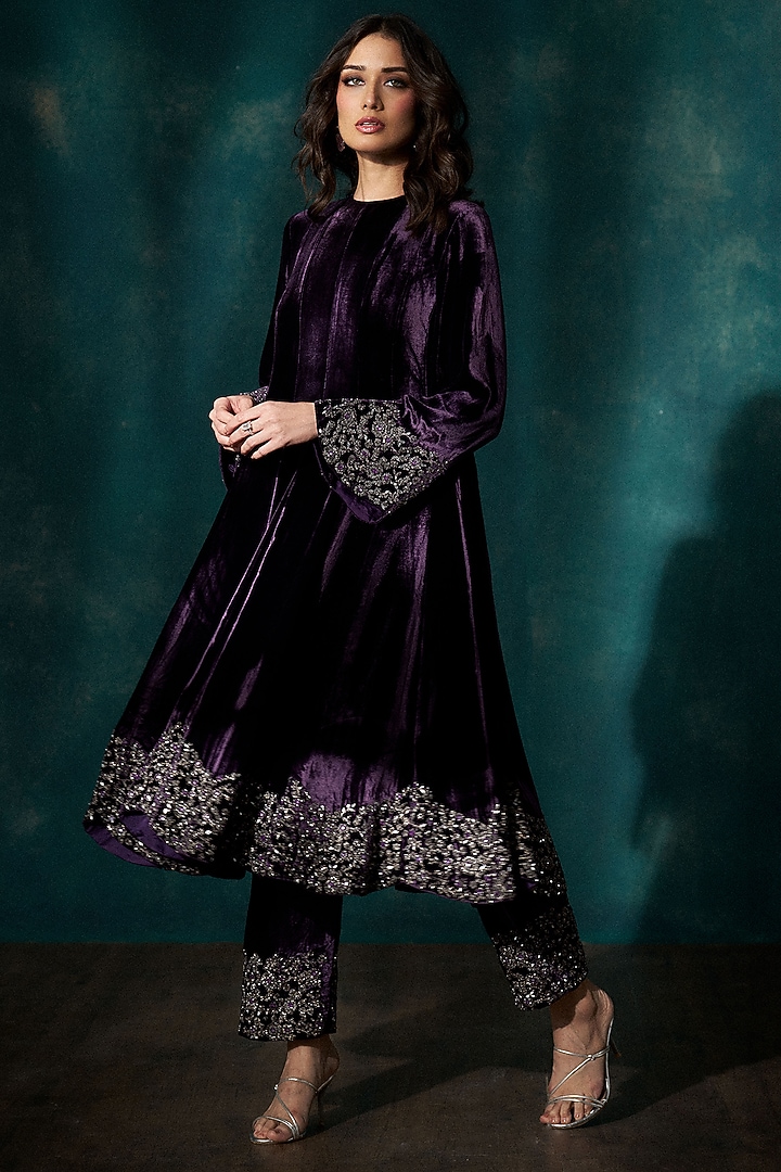 Wine Velvet Cutdana Embroidered Bridal Anarkali Set by Sawan Gandhi at Pernia's Pop Up Shop