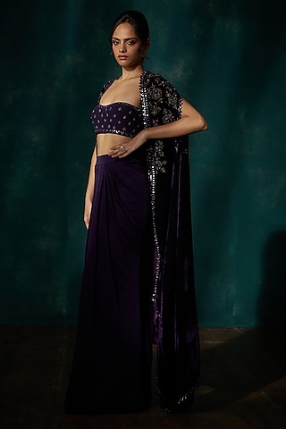 Purple Velvet Cutdana Embroidered Cape Set by Sawan Gandhi