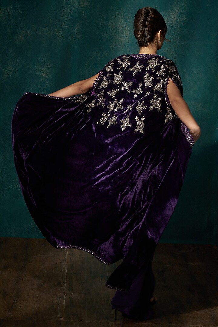 Purple Velvet Cutdana Embroidered Cape Set by Sawan Gandhi at Pernia's Pop Up Shop