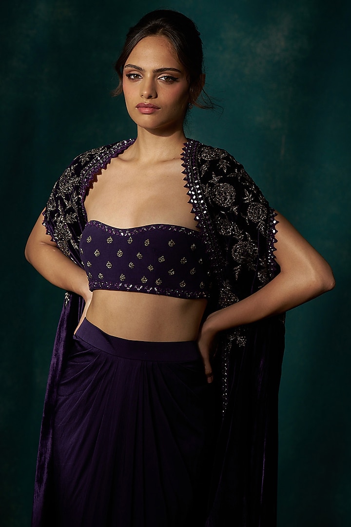 Purple Velvet Cutdana Embroidered Cape Set by Sawan Gandhi at Pernia's Pop Up Shop