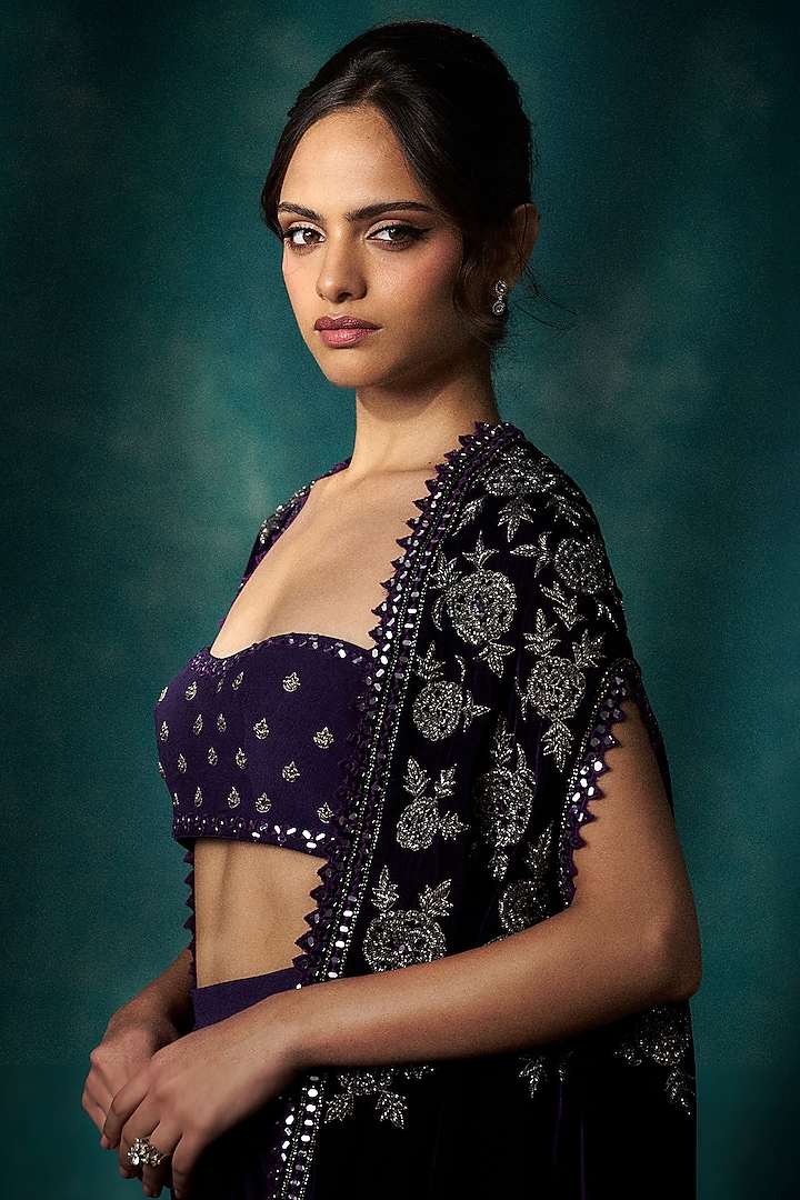 Purple Velvet Cutdana Embroidered Cape Set by Sawan Gandhi at Pernia's Pop Up Shop