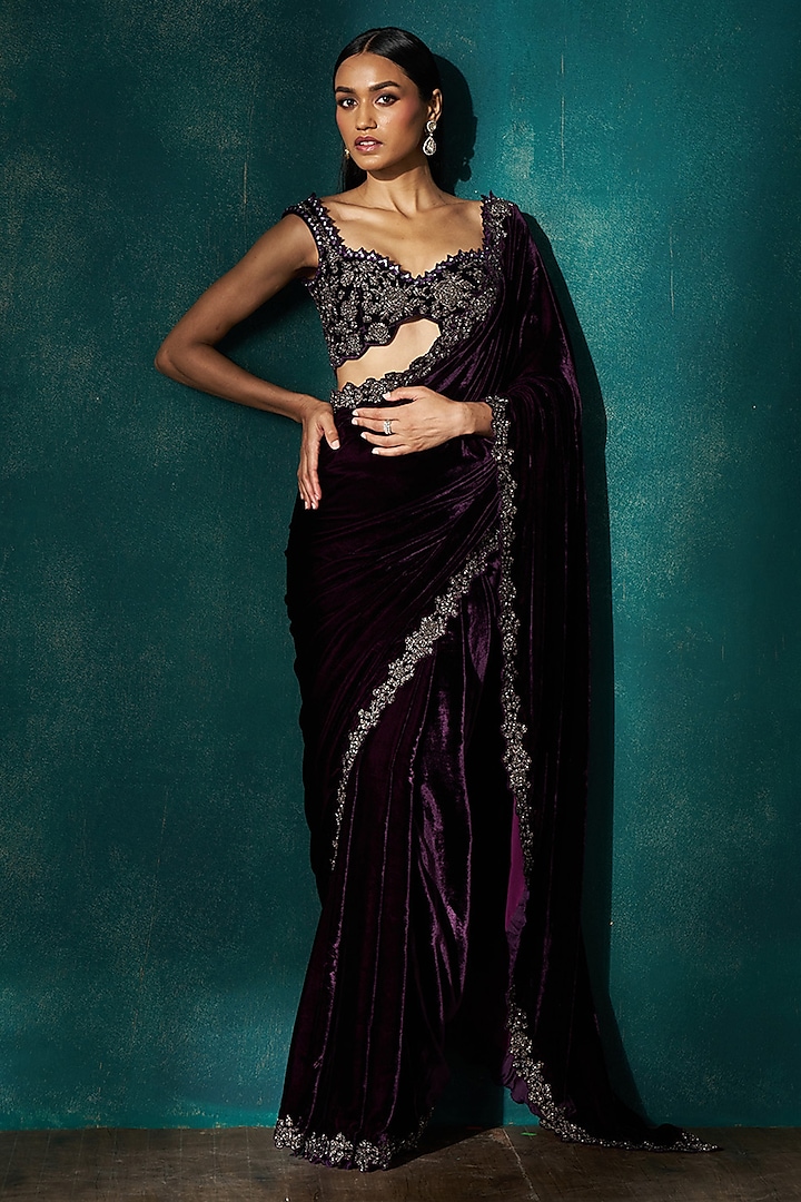 Wine Velvet Cutdana Embroidered Saree Set by Sawan Gandhi at Pernia's Pop Up Shop