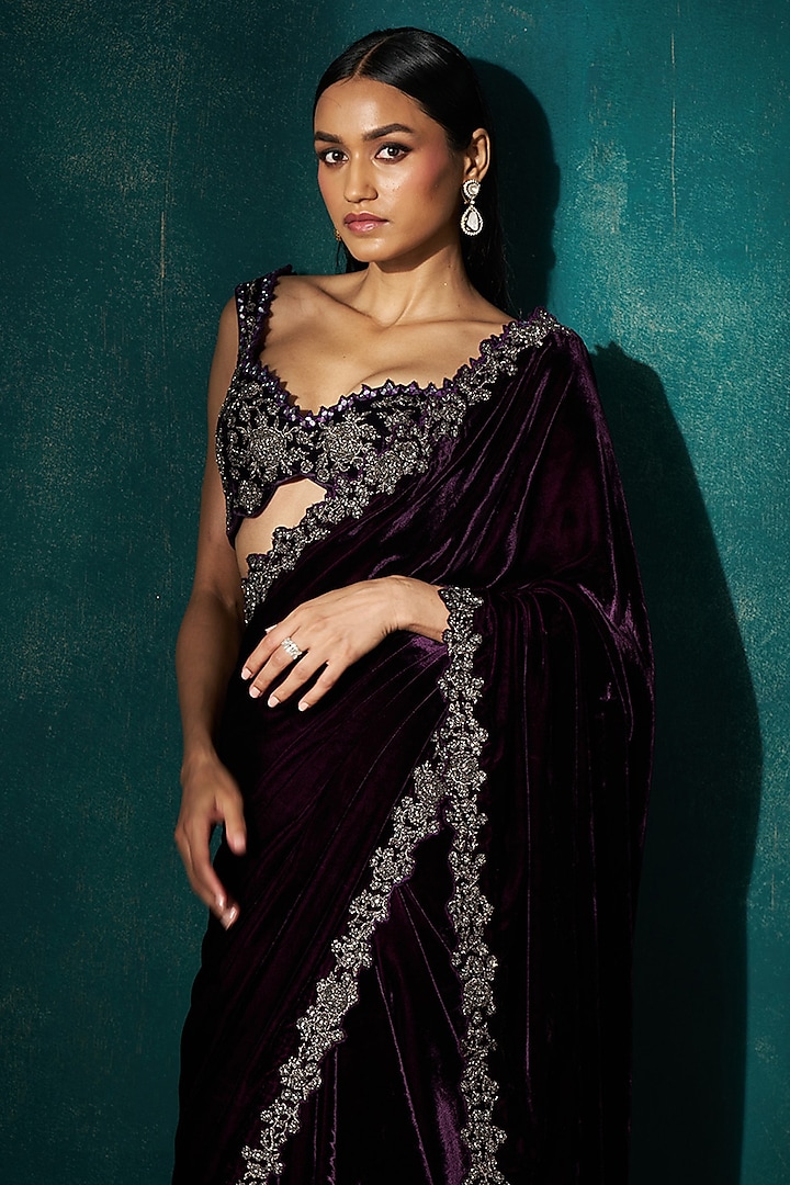 Wine Velvet Cutdana Embroidered Reception Saree Set by Sawan Gandhi at Pernia's Pop Up Shop
