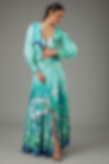 Blue Rayon Slub Floral Printed Skirt Set by Swati Jain