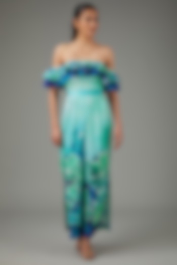 Blue Rayon Slub Floral Printed Jumpsuit With Belt by Swati Jain