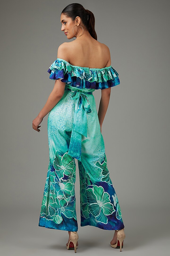 Blue Rayon Slub Floral Printed Jumpsuit With Belt by Swati Jain at Pernia's Pop Up Shop