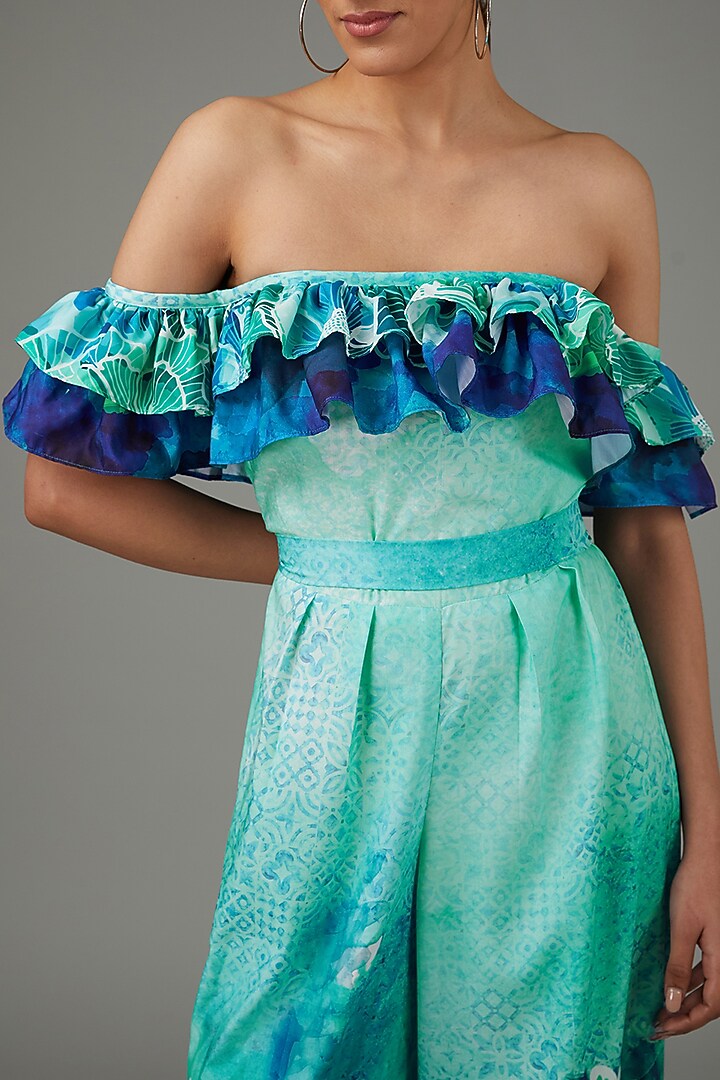 Blue Rayon Slub Floral Printed Jumpsuit With Belt by Swati Jain at Pernia's Pop Up Shop