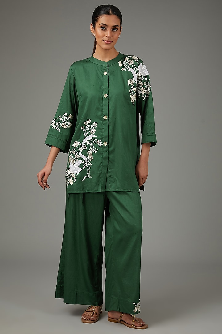 Green Glaze Cotton Applique Embroidered Co-Ord Set by Swati Jain