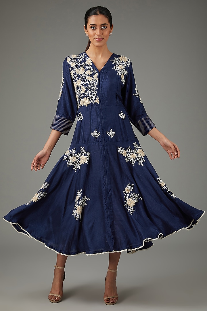 Blue Glaze Cotton Ankle Length Dress by Swati Jain