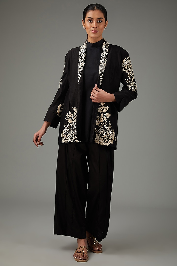 Black Glaze Cotton Jacket Set by Swati Jain