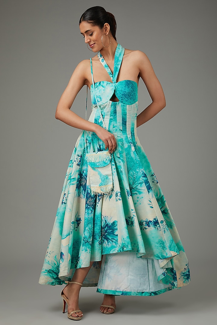 Blue Glace Cotton Floral Printed Dress With Pouch by Swati Jain