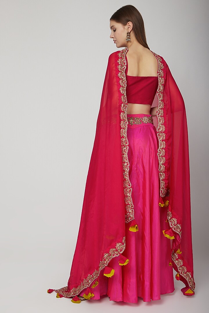 Fuchsia & Red Embroidered Lehenga Set by Swati Jain at Pernia's Pop Up Shop