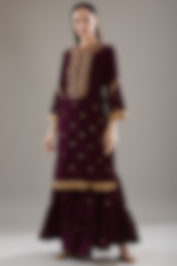 Maroon Velvet Embroidered Sharara Set by Swati Jain