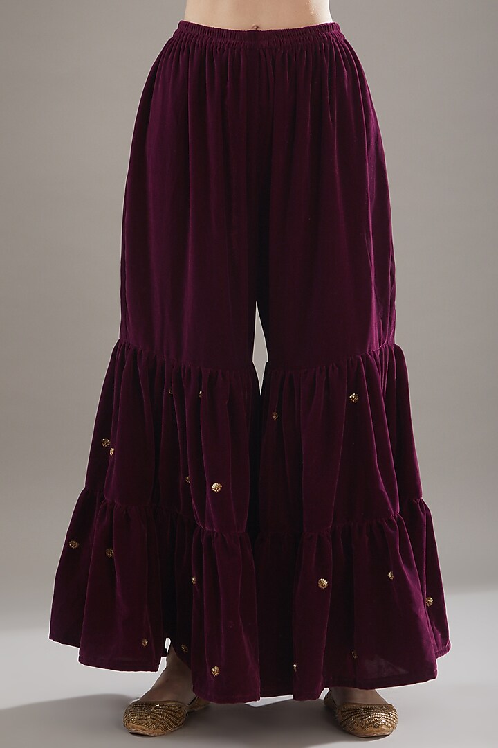 Winish Maroon Chinon Heavy embroidered Sharara Set with Beautiful Duppata