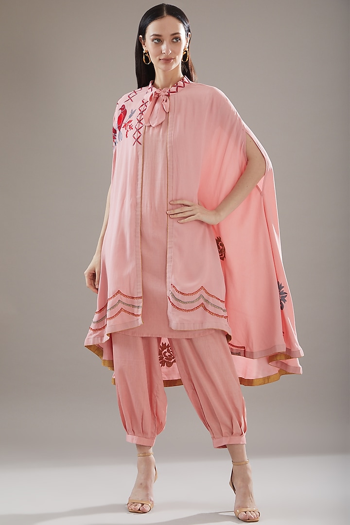 Pink Georgette Embroidered Cape Set by Swati Jain
