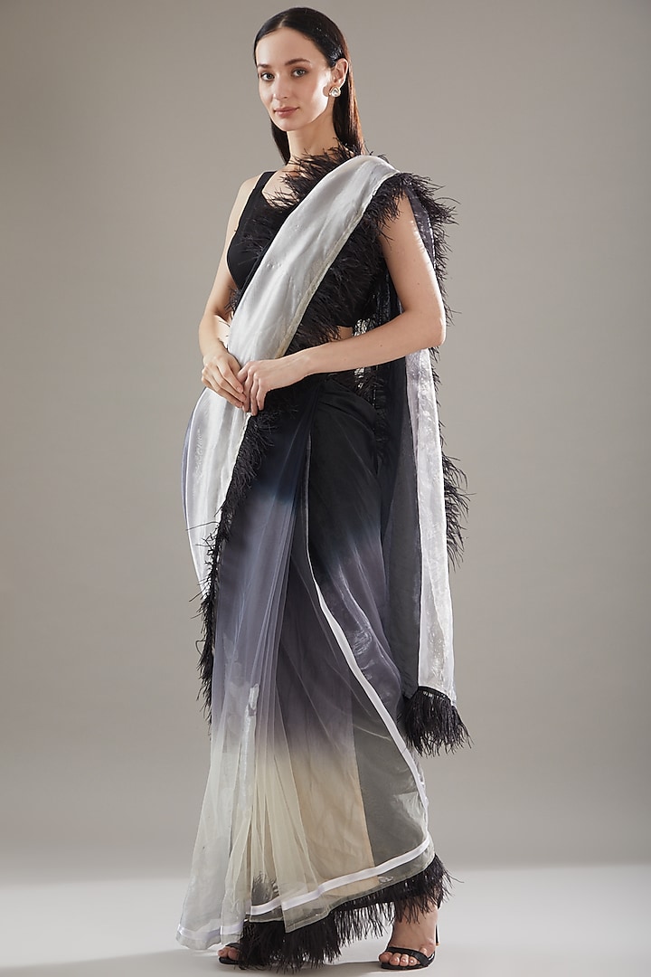 Black & White Net & Organza Tissue Embroidered Saree Set by Swati Jain