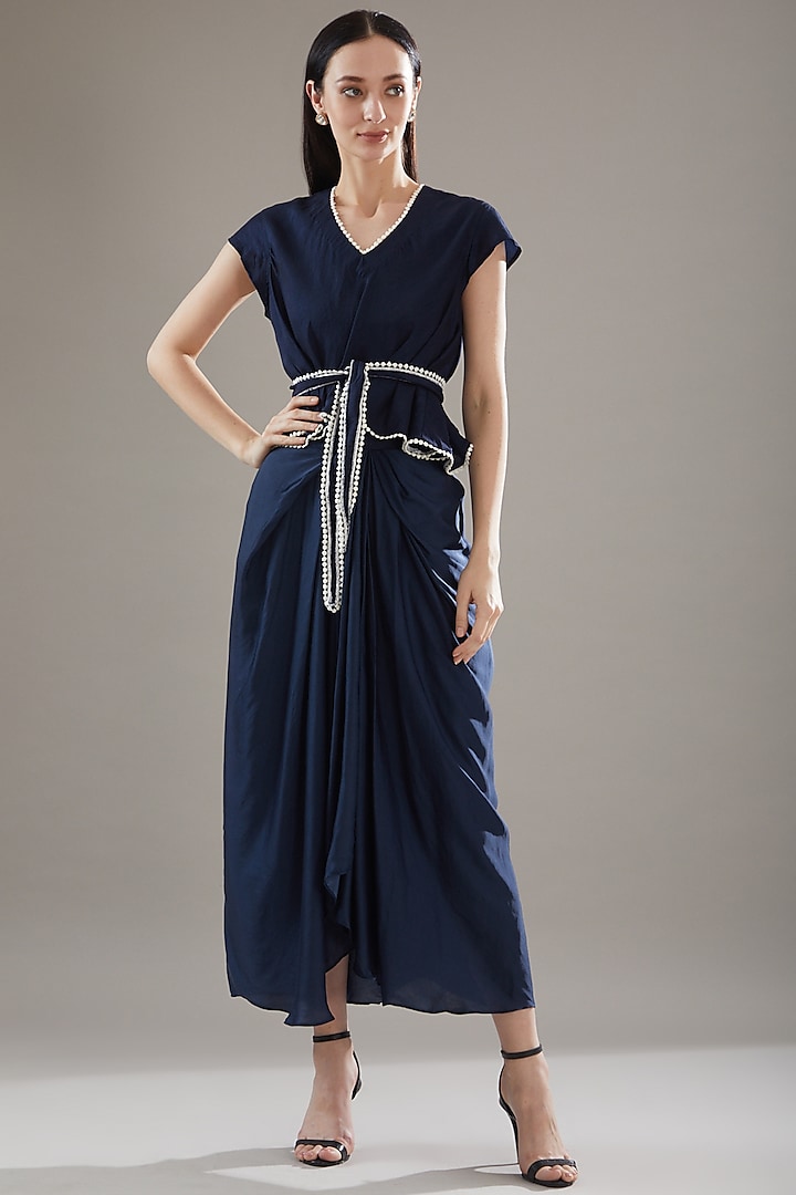 Blue Satin Pleated Skirt Set by Swati Jain