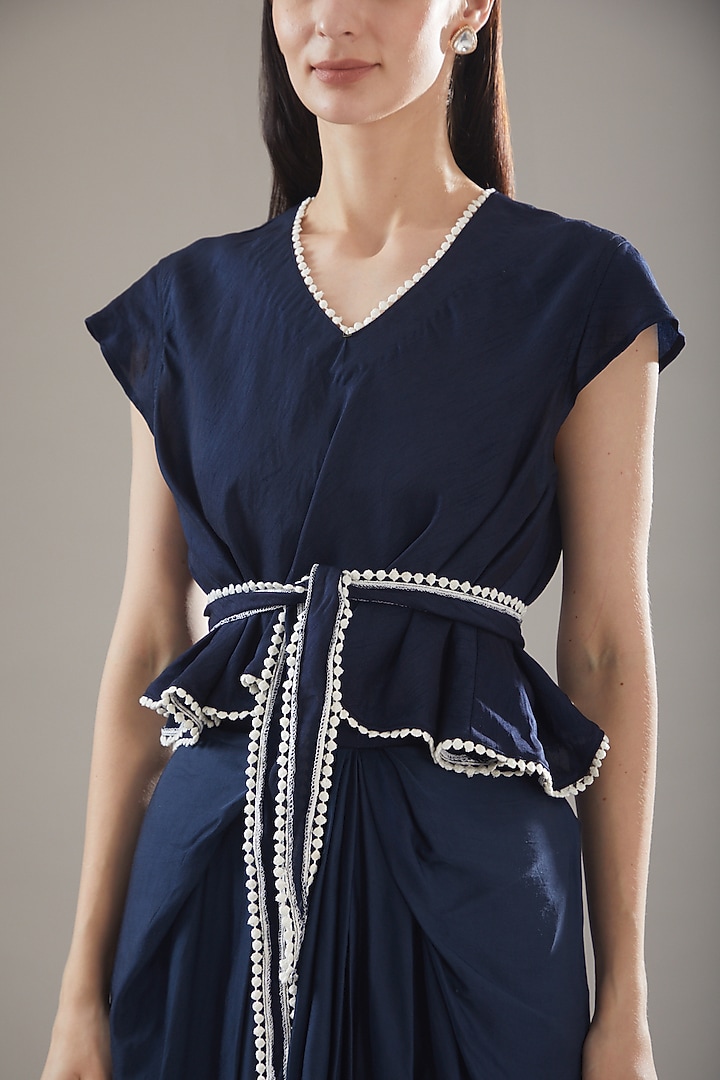 Blue Satin Pleated Skirt Set by Swati Jain at Pernia's Pop Up Shop