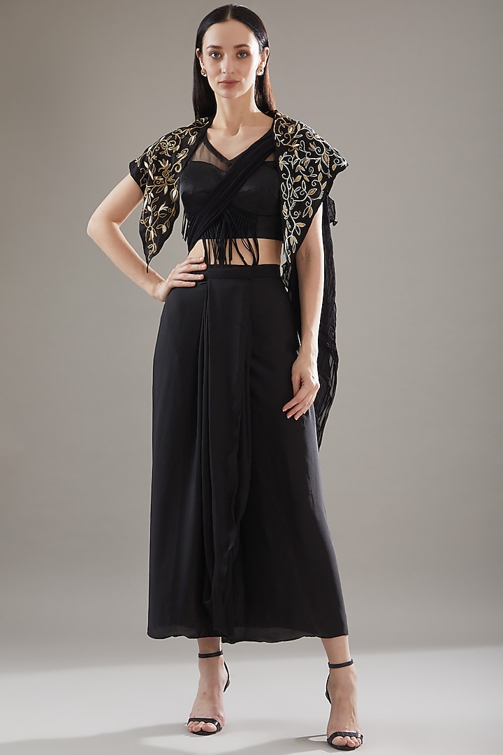 Black Satin Pleated Skirt Set by Swati Jain