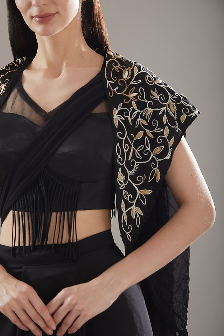 Black Satin Pleated Skirt Set by Swati Jain at Pernia's Pop Up Shop