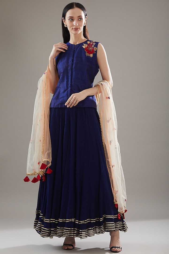 Blue Glace Cotton & Georgette Sharara Set by Swati Jain