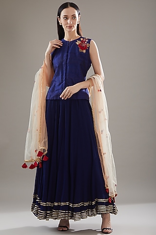 Blue Glace Cotton & Georgette Sharara Set by Swati Jain