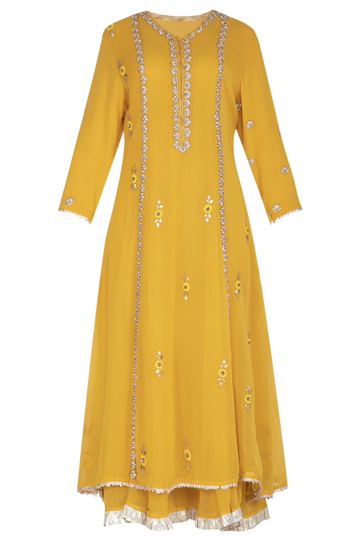 Yellow Embroidered Layered Kurta Set by Swati Jain at Pernia's Pop Up Shop